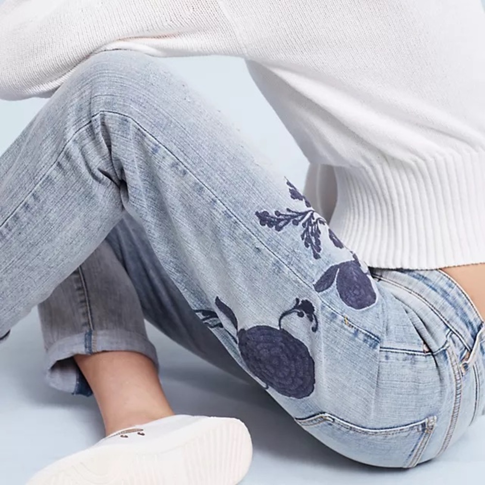 Anthropologie “pilcro” embroidered blue floral jeans